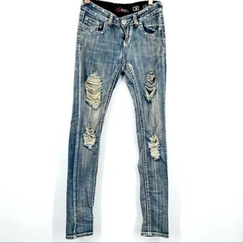 Rubi Jeans womans Skinny Jrs 3 heavily studded destroyed jean stone wash medium